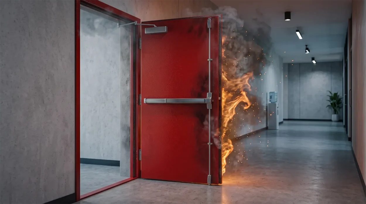 Steel Fire Rated Door Holding Back Intense Roaring Flames On One Side While The Other Side Is A Safe Clean Commercial Hallway