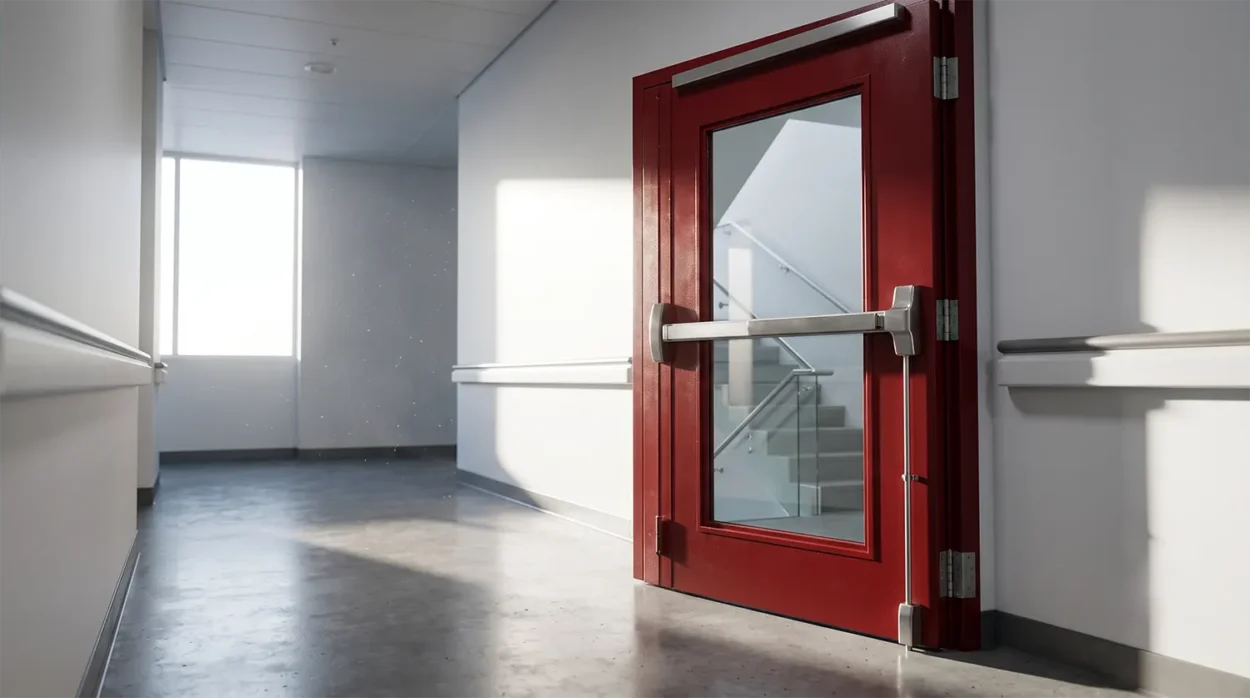 Steel Fire Rated Door With A Clear Glass Vision Panel In A Modern Hospital Corridor